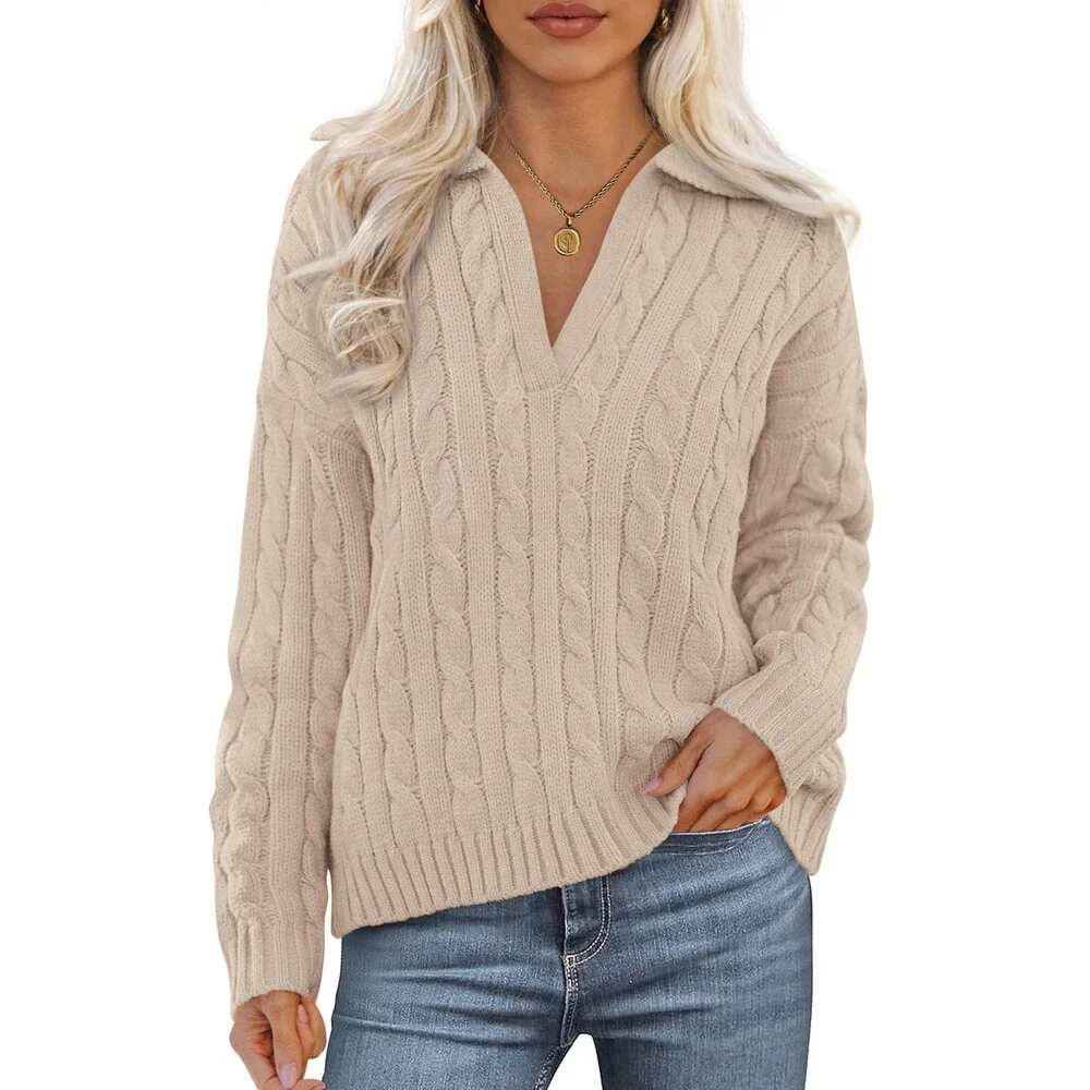 PRETTYGARDEN Women's Fall Cable Knit Oversized Sweaters 2025 Polo V Neck Long M